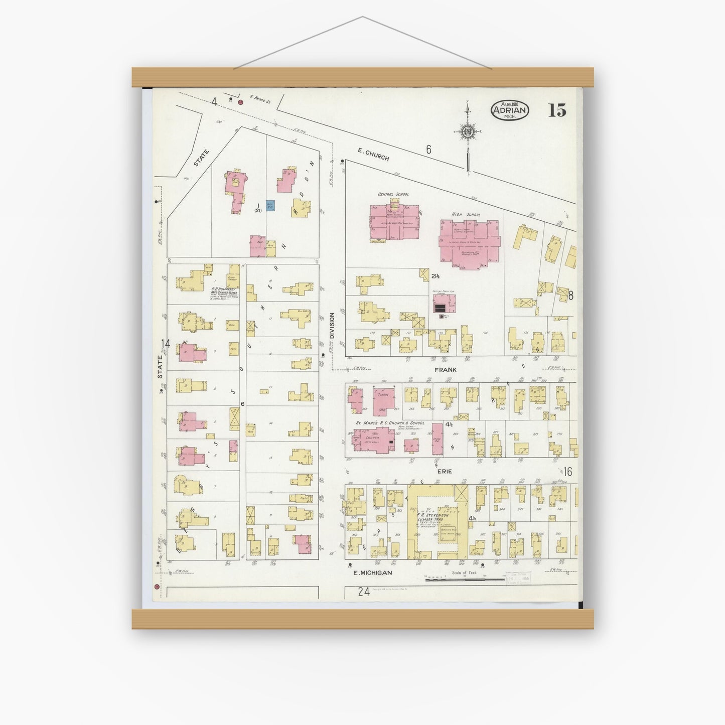 Old map wall art mockup — magnetic wood frame on white wall — Sanborn Fire Insurance Map from Adrian, Lenawee County, Michigan (1916), Sheet #0015