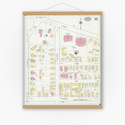Old map wall art mockup — magnetic wood frame on white wall — Sanborn Fire Insurance Map from Adrian, Lenawee County, Michigan (1916), Sheet #0015