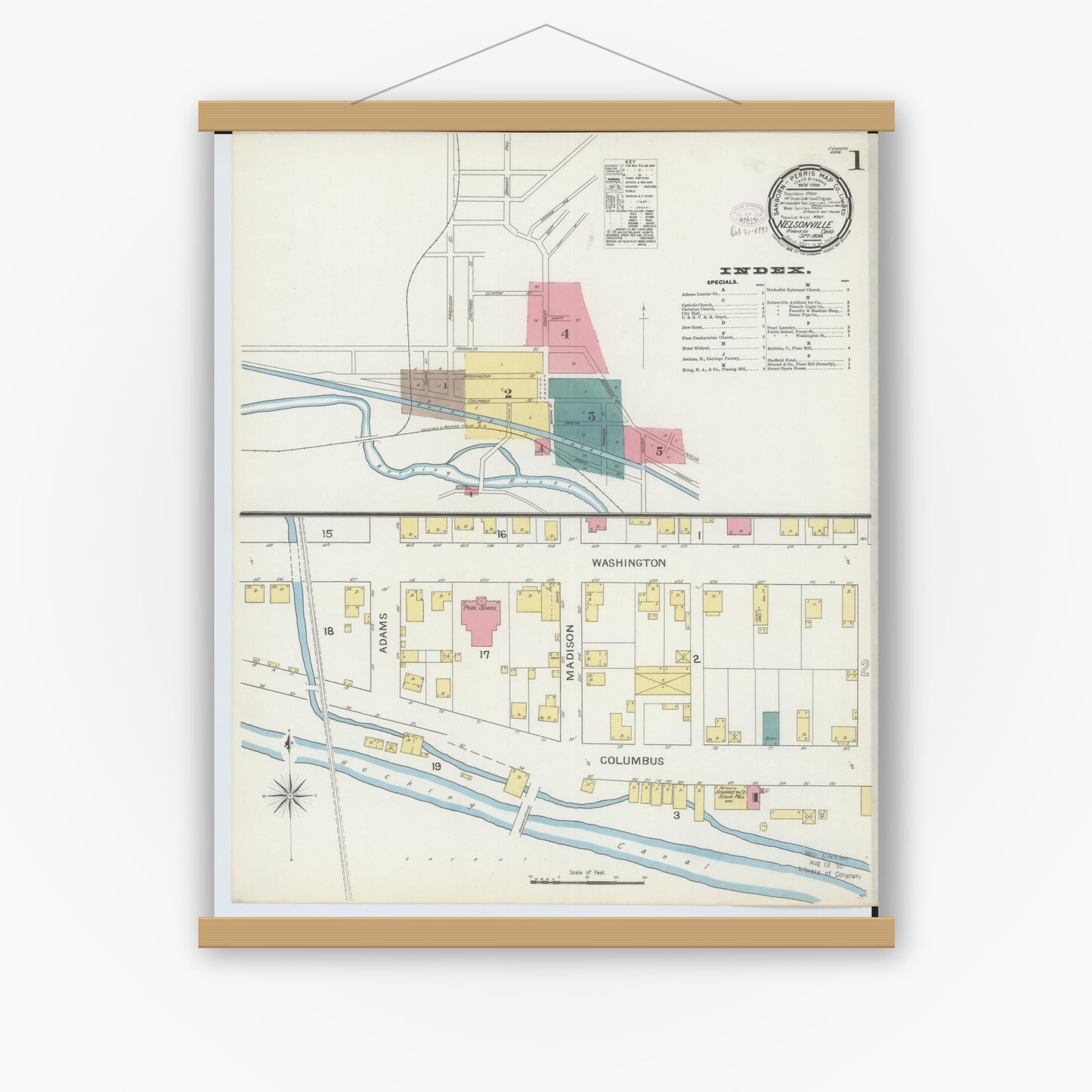 Old map wall art mockup — magnetic wood frame on white wall — Sanborn Fire Insurance Map from Nelsonville, Athens County, Ohio (1893) - Complete Map Set