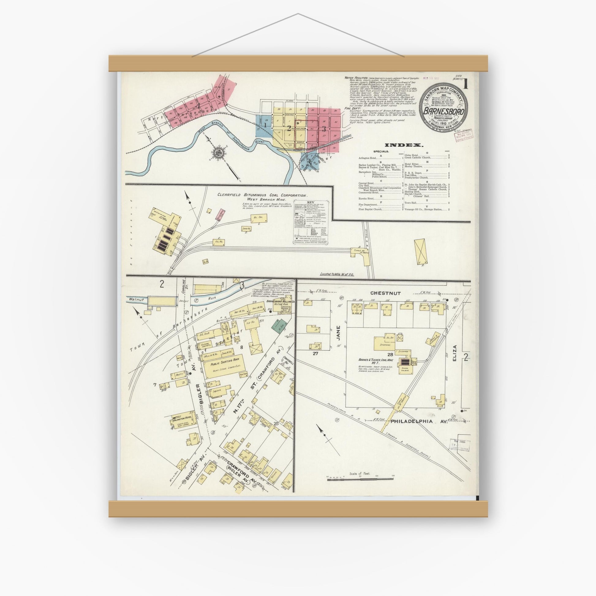 Old map wall art mockup — magnetic wood frame on white wall — Sanborn Fire Insurance Map from Barnesboro, Cambria County, Pennsylvania (1910) - Complete Map Set