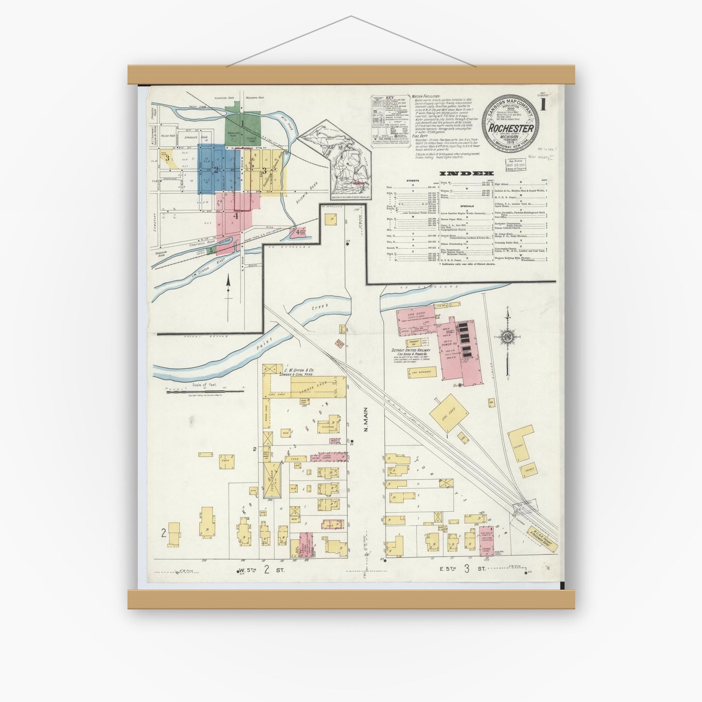 Old map wall art mockup — magnetic wood frame on white wall — Sanborn Fire Insurance Map from Rochester, Oakland County, Michigan (1919) - Complete Map Set