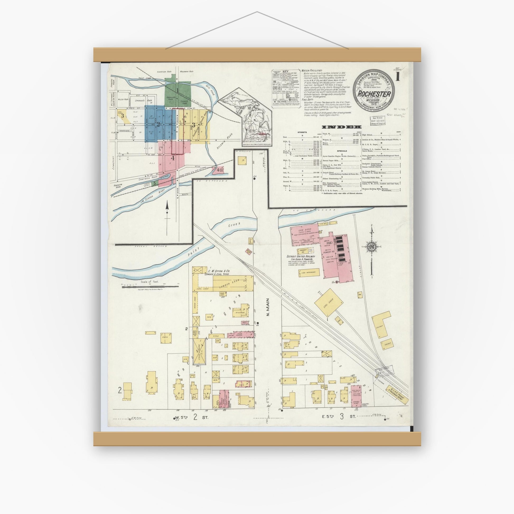 Old map wall art mockup — magnetic wood frame on white wall — Sanborn Fire Insurance Map from Rochester, Oakland County, Michigan (1919) - Complete Map Set