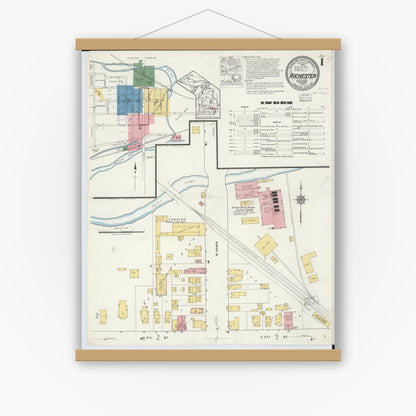 Old map wall art mockup — magnetic wood frame on white wall — Sanborn Fire Insurance Map from Rochester, Oakland County, Michigan (1919) - Complete Map Set