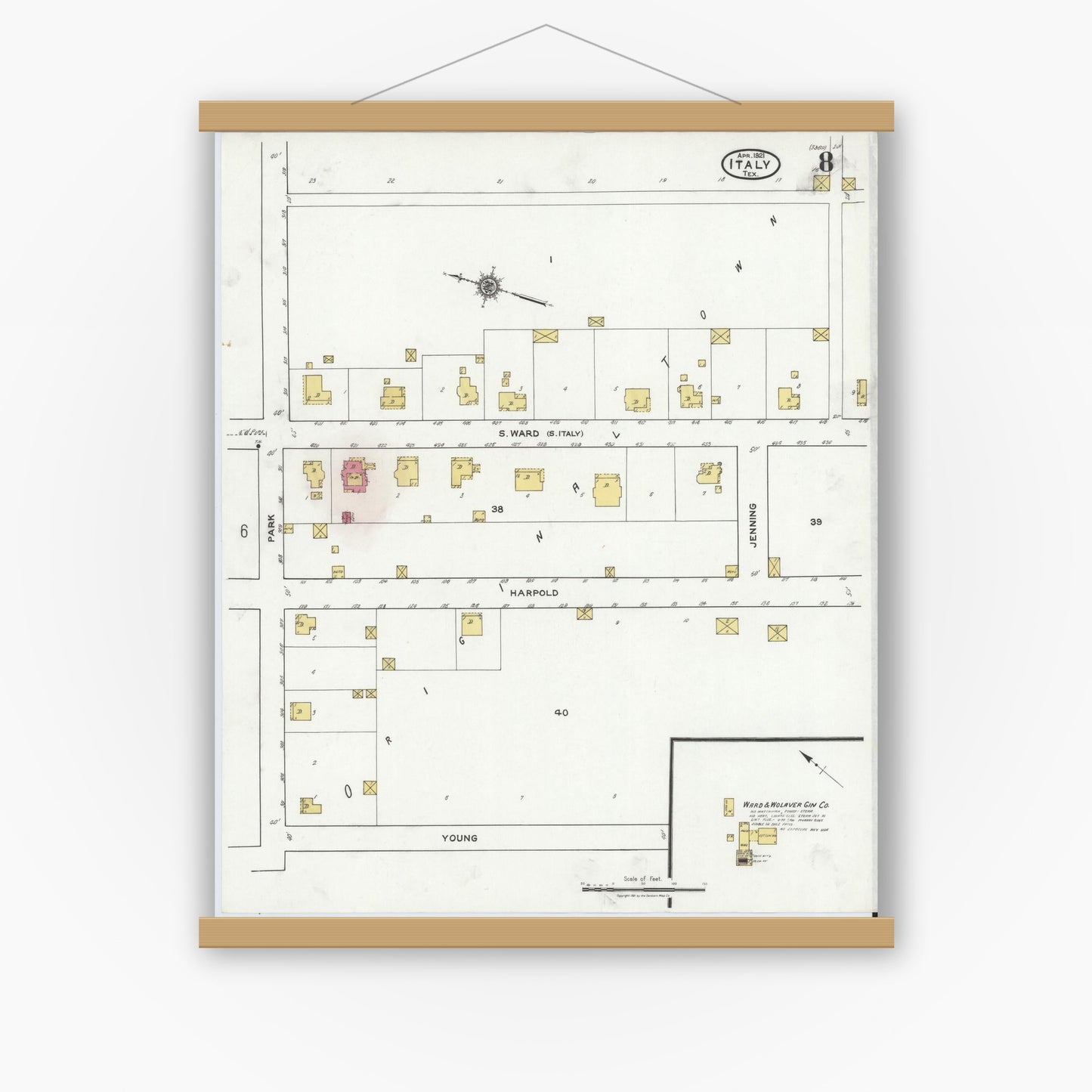 Old map wall art mockup — magnetic wood frame on white wall — Sanborn Fire Insurance Map from Italy, Ellis County, Texas (1921), Sheet #0008