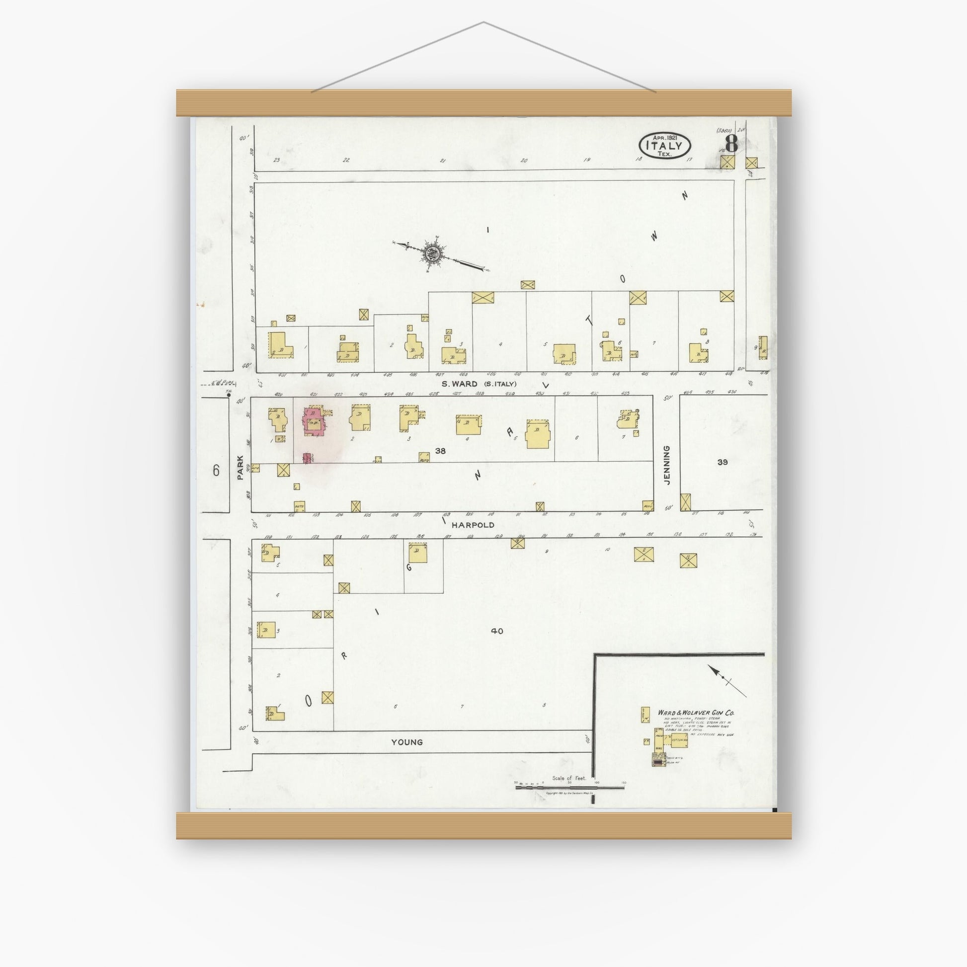 Old map wall art mockup — magnetic wood frame on white wall — Sanborn Fire Insurance Map from Italy, Ellis County, Texas (1921), Sheet #0008