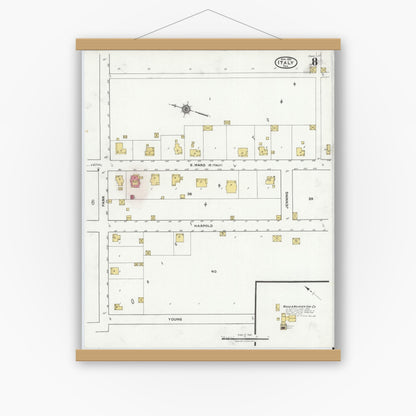 Old map wall art mockup — magnetic wood frame on white wall — Sanborn Fire Insurance Map from Italy, Ellis County, Texas (1921), Sheet #0008