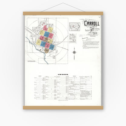 Old map wall art mockup — magnetic wood frame on white wall — Sanborn Fire Insurance Map from Carroll, Carroll County, Iowa (1923) â€” Complete Set