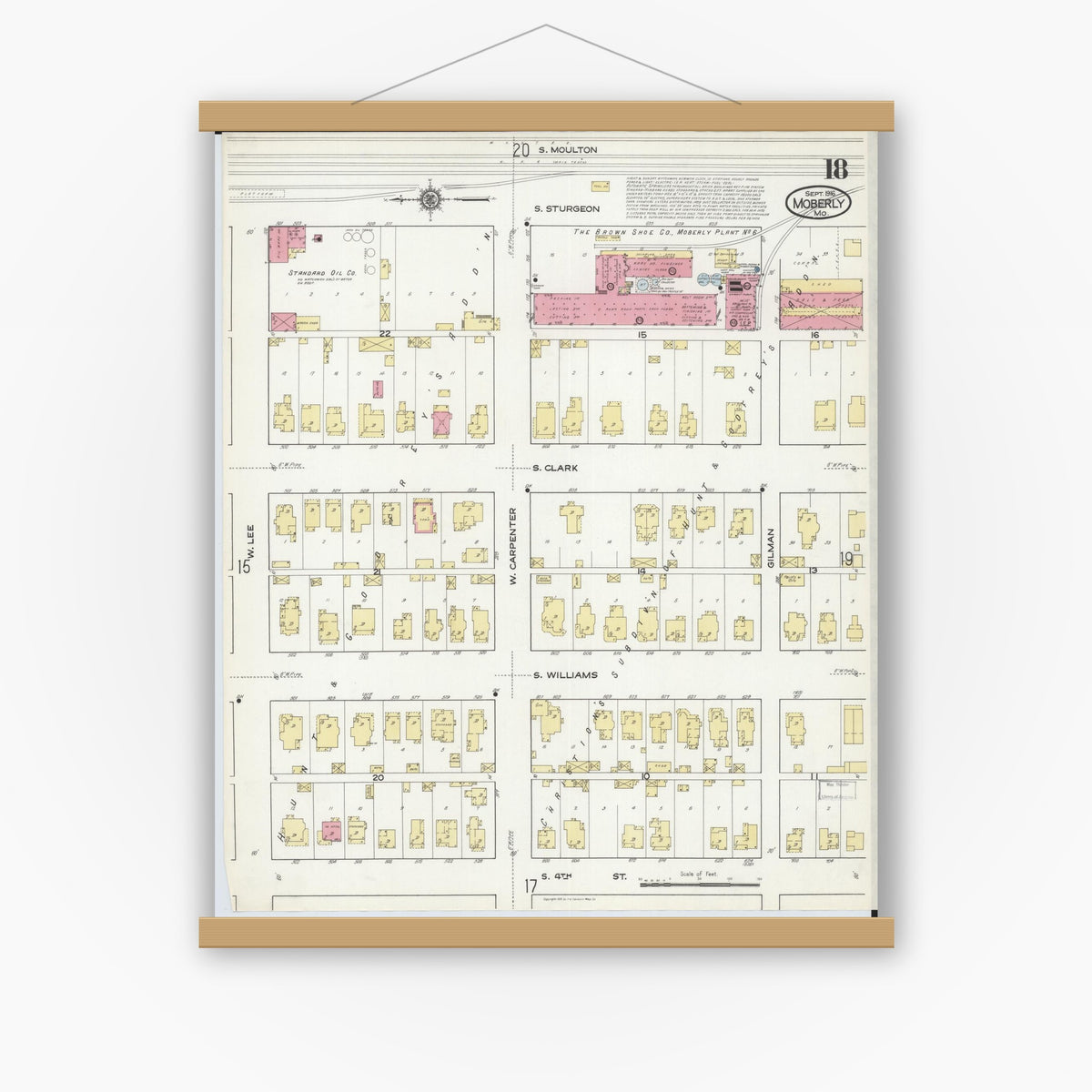 Old map wall art mockup — magnetic wood frame on white wall — Sanborn Fire Insurance Map from Moberly, Randolph County, Missouri (1916), Sheet #0018