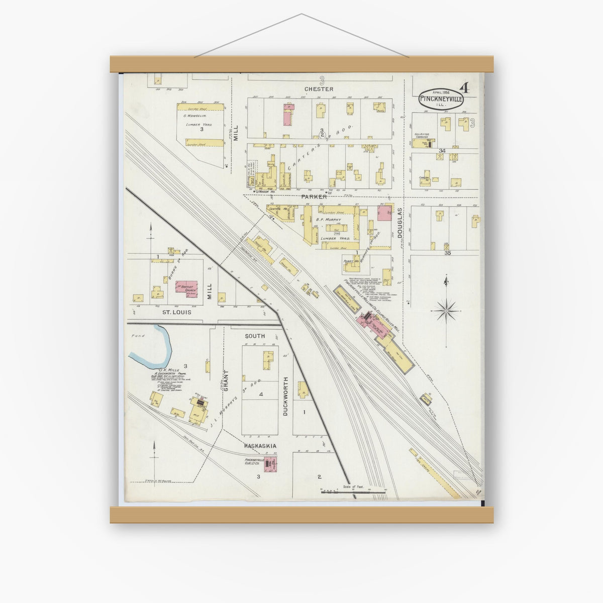Old map wall art mockup — magnetic wood frame on white wall — Sanborn Fire Insurance Map from Pinckneyville, Perry County, Illinois (1894), Sheet #0004