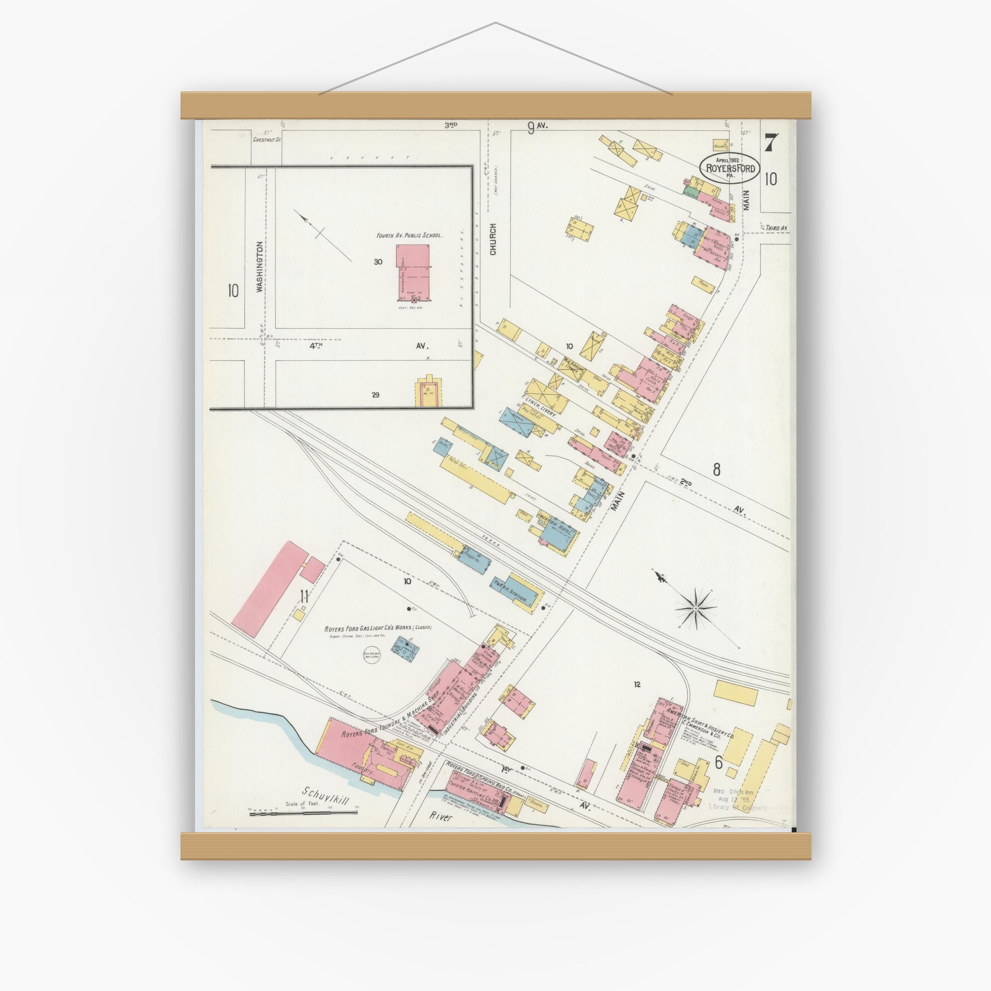 Old map wall art mockup — magnetic wood frame on white wall — Sanborn Fire Insurance Map from Royersford, Montgomery County, Pennsylvania (1902), Sheet #0007