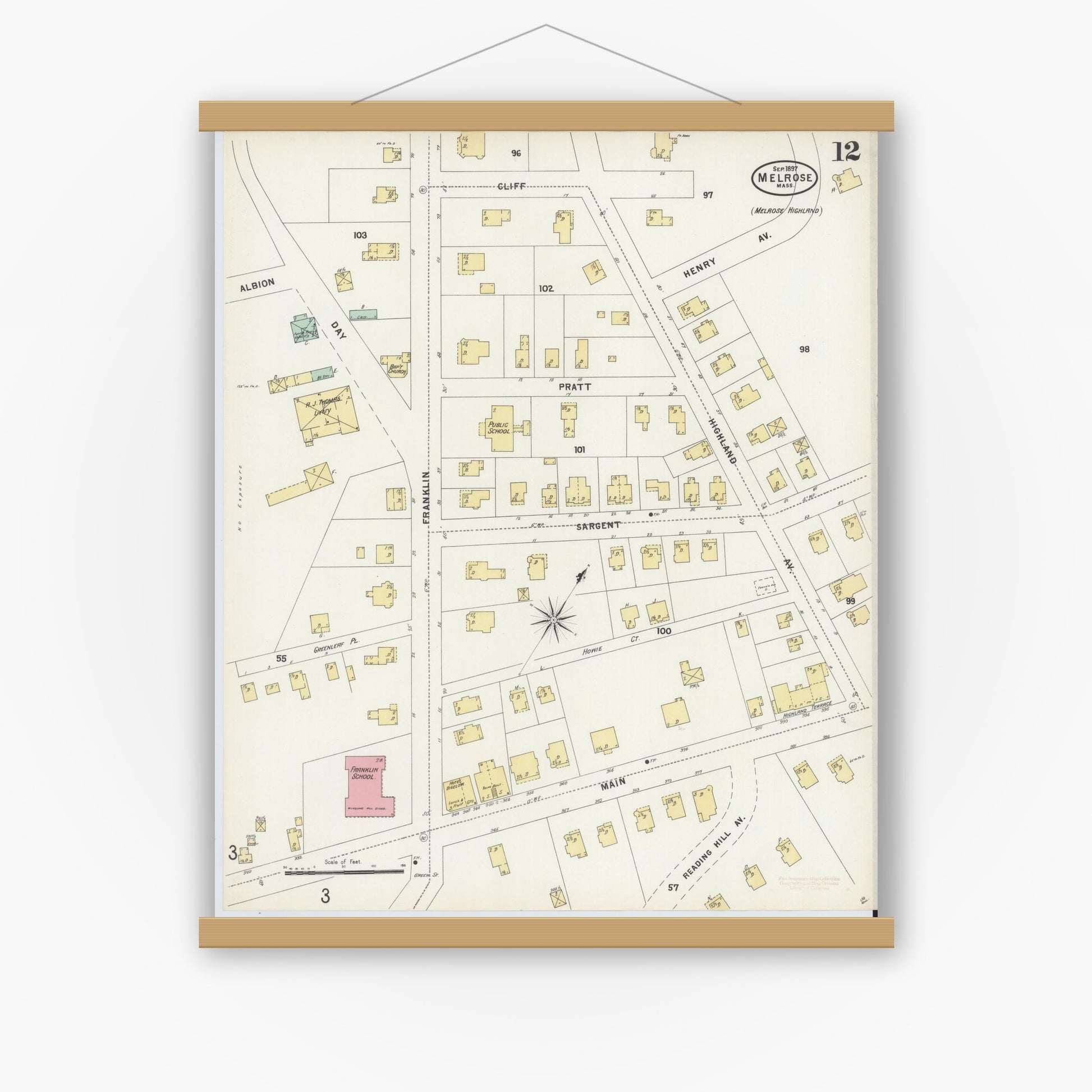 Old map wall art mockup — magnetic wood frame on white wall — Sanborn Fire Insurance Map from Melrose, Middlesex County, Massachusetts (1897), Sheet #0012