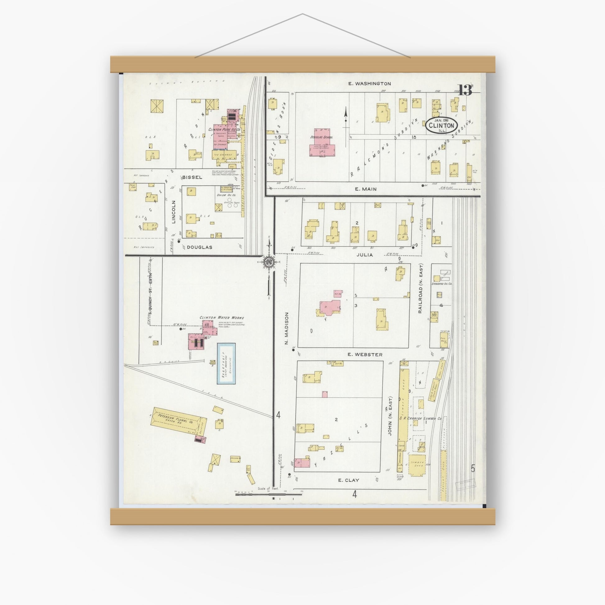 Old map wall art mockup — magnetic wood frame on white wall — Sanborn Fire Insurance Map from Clinton, De Witt County, Illinois (1916), Sheet #0013