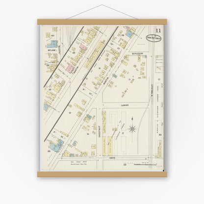 Old map wall art mockup — magnetic wood frame on white wall — Sanborn Fire Insurance Map from San Antonio, Bexar County, Texas (1888), Sheet #0011