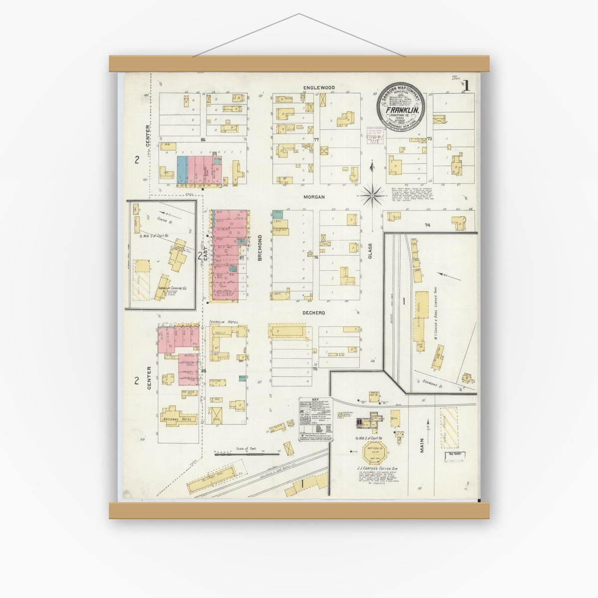 Old map wall art mockup — magnetic wood frame on white wall — Sanborn Fire Insurance Map from Franklin, Robertson County, Texas (1905) - Complete Map Set