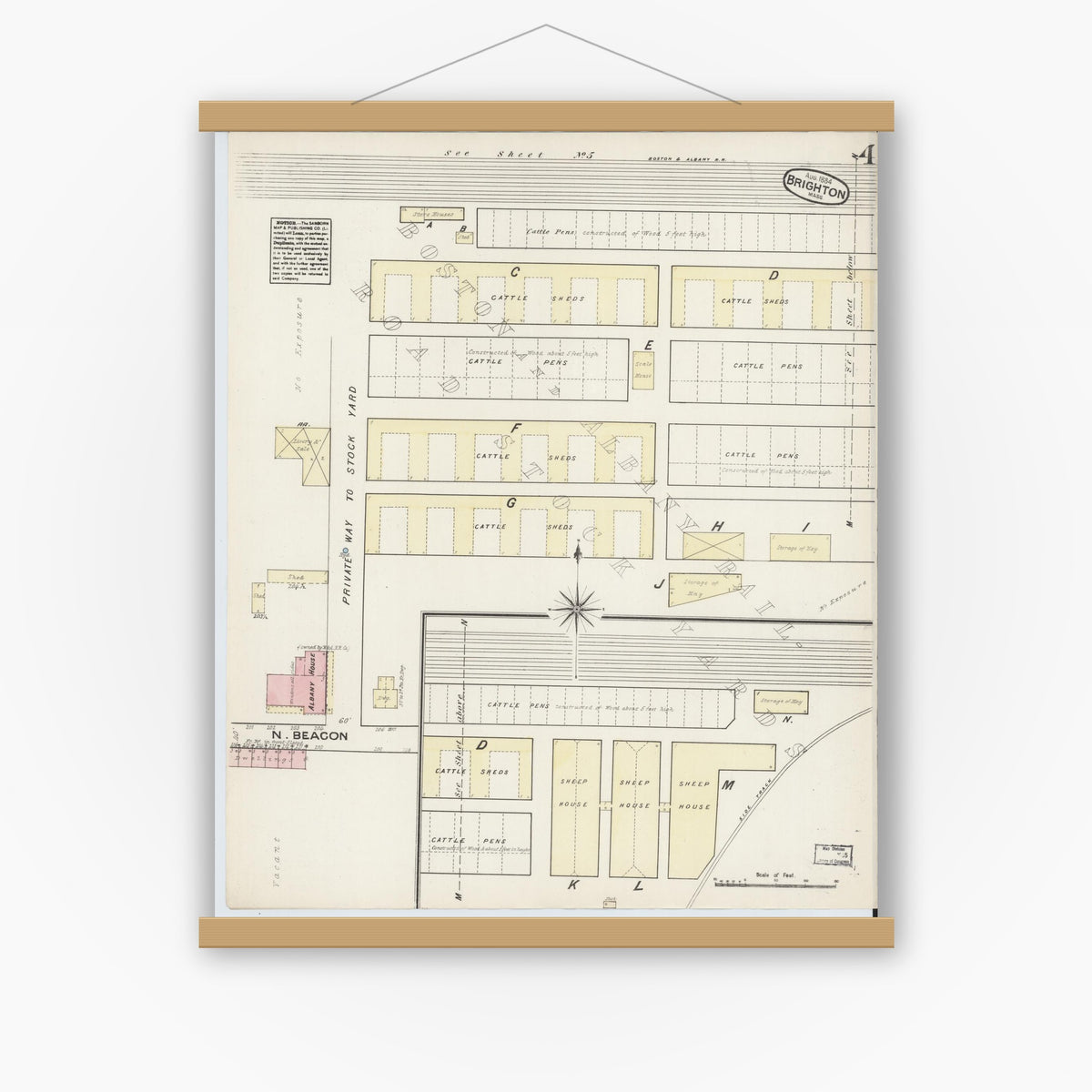 Old map wall art mockup — magnetic wood frame on white wall — Sanborn Fire Insurance Map from Brighton, Suffolk County, Massachusetts (1884), Sheet #0004