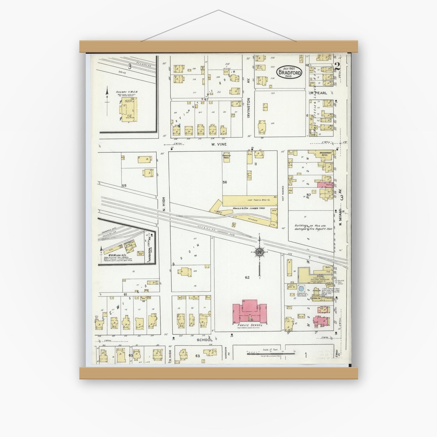 Old map wall art mockup — magnetic wood frame on white wall — Sanborn Fire Insurance Map from Bradford, Darke and Miami Counties, Ohio (1920), Sheet #0002