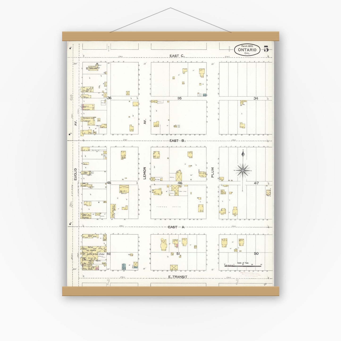 Old map wall art mockup — magnetic wood frame on white wall — Sanborn Fire Insurance Map from Ontario, San Bernardino County, California (1895), Sheet #0005