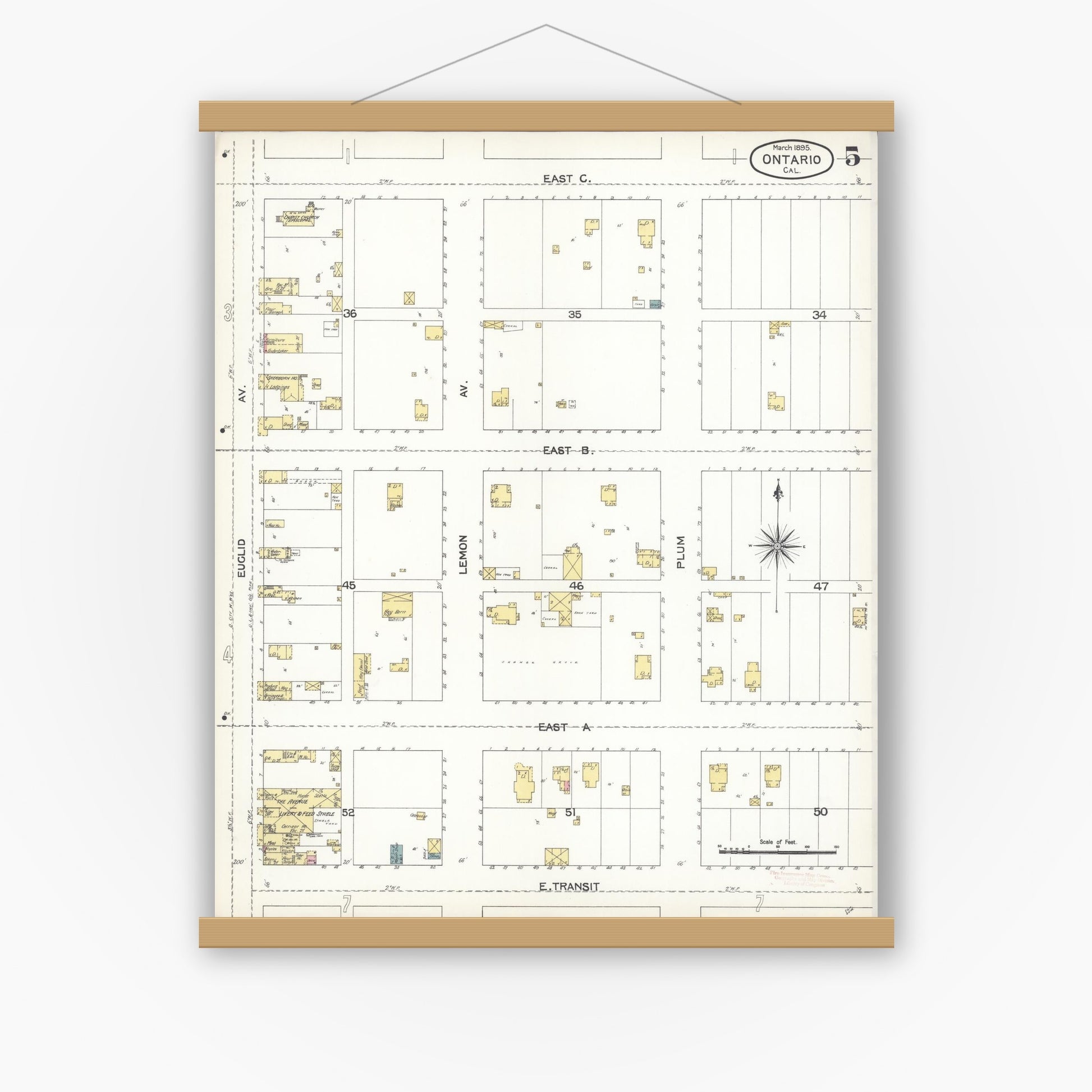 Old map wall art mockup — magnetic wood frame on white wall — Sanborn Fire Insurance Map from Ontario, San Bernardino County, California (1895), Sheet #0005