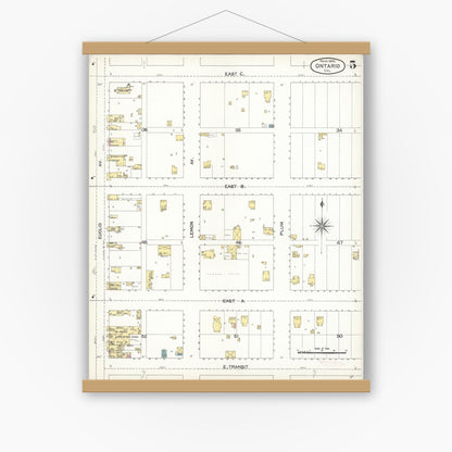 Old map wall art mockup — magnetic wood frame on white wall — Sanborn Fire Insurance Map from Ontario, San Bernardino County, California (1895), Sheet #0005