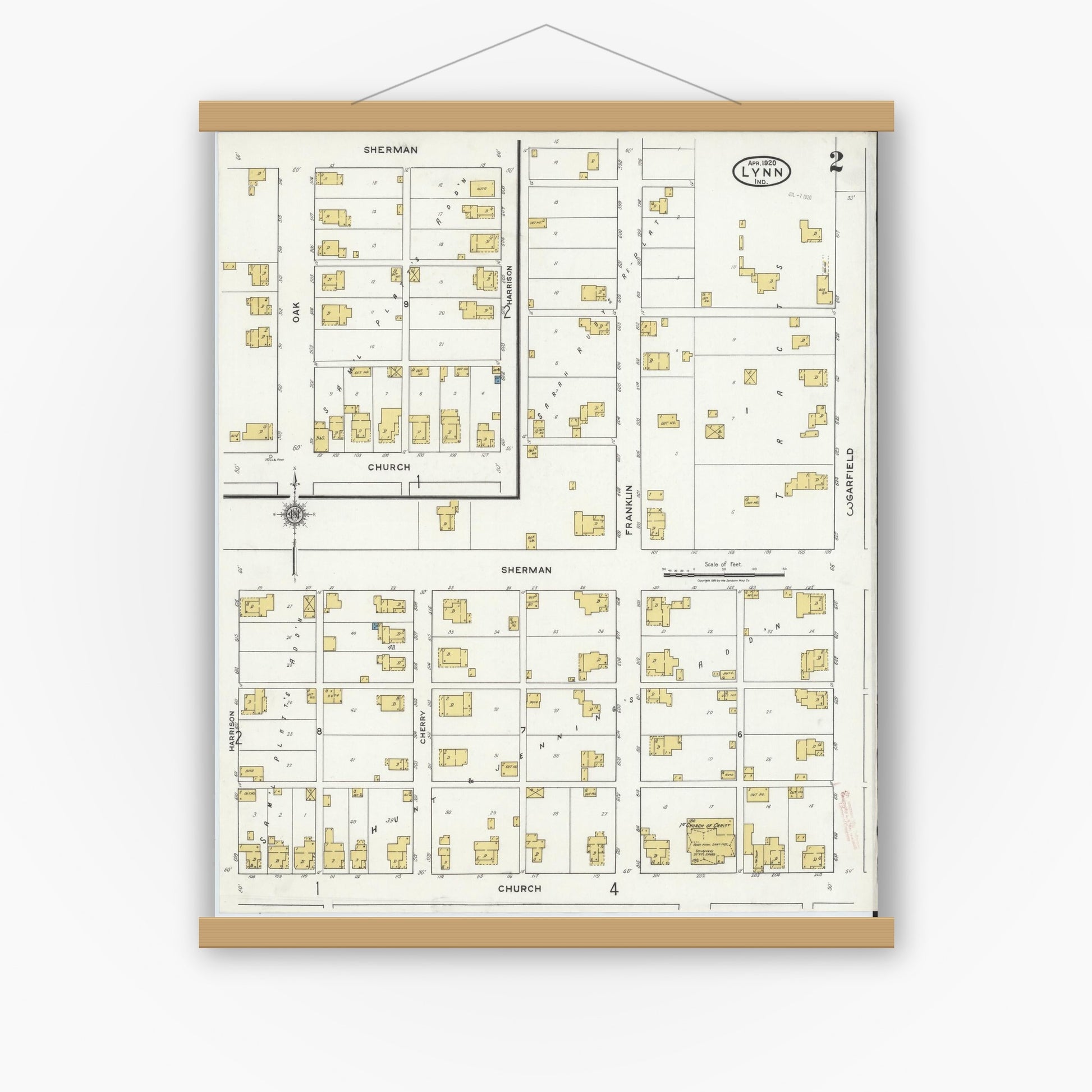 Old map wall art mockup — magnetic wood frame on white wall — Sanborn Fire Insurance Map from Lynn, Randolph County, Indiana (1920), Sheet #0002