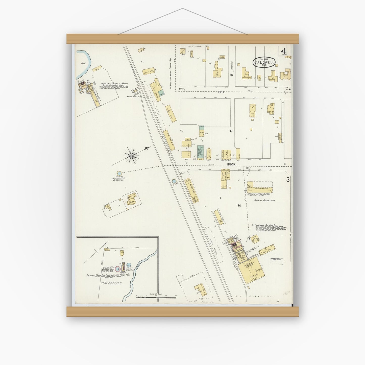 Old map wall art mockup — magnetic wood frame on white wall — Sanborn Fire Insurance Map from Caldwell, Burleson County, Texas (1896), Sheet #0004