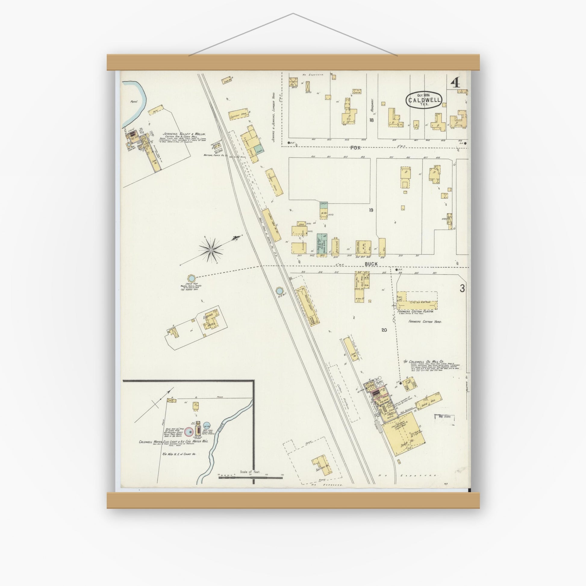Old map wall art mockup — magnetic wood frame on white wall — Sanborn Fire Insurance Map from Caldwell, Burleson County, Texas (1896), Sheet #0004