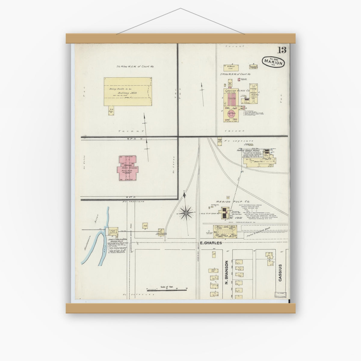 Old map wall art mockup — magnetic wood frame on white wall — Sanborn Fire Insurance Map from Marion, Grant County, Indiana (1890), Sheet #0013