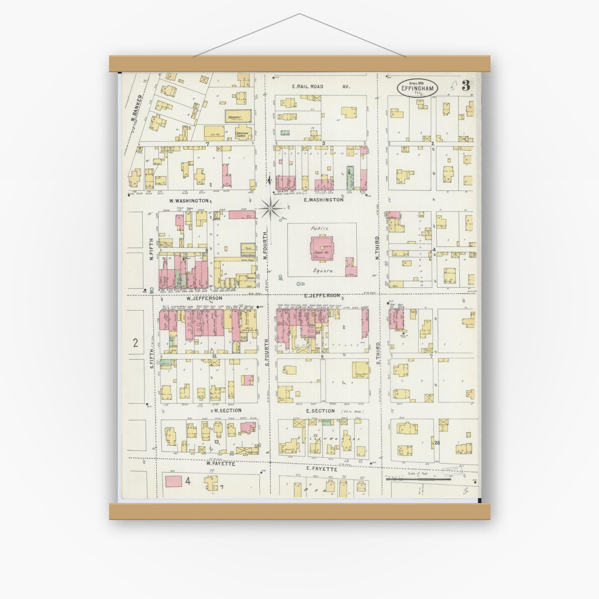 Old map wall art mockup — magnetic wood frame on white wall — Sanborn Fire Insurance Map from Effingham, Effingham County, Illinois (1898), Sheet #0003