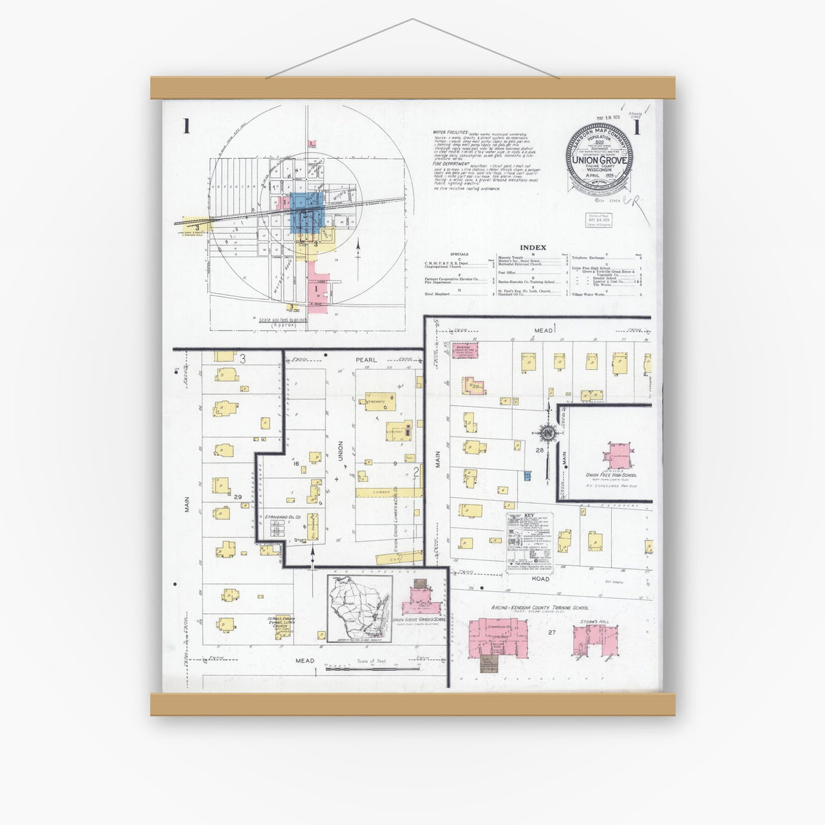 Old map wall art mockup — magnetic wood frame on white wall — Sanborn Fire Insurance Map from Union Grove, Racine County, Wisconsin (1929) - Complete Map Set