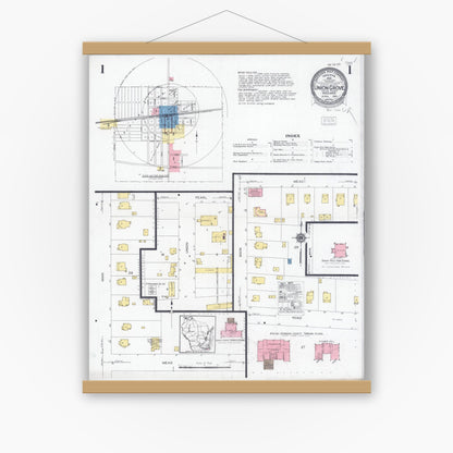 Old map wall art mockup — magnetic wood frame on white wall — Sanborn Fire Insurance Map from Union Grove, Racine County, Wisconsin (1929) - Complete Map Set