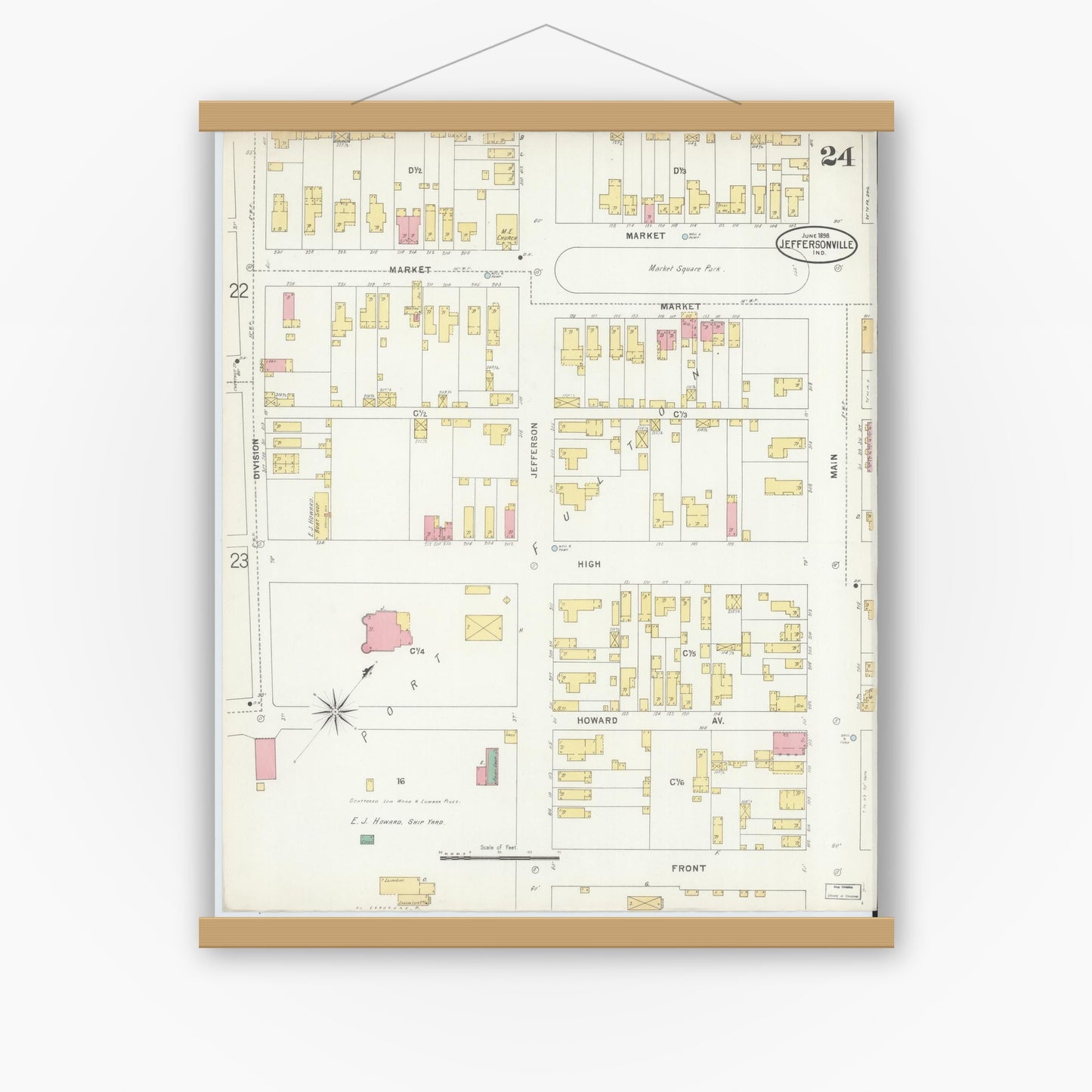 Old map wall art mockup — magnetic wood frame on white wall — Sanborn Fire Insurance Map from Jeffersonville, Clark County, Indiana (1898), Sheet #0024