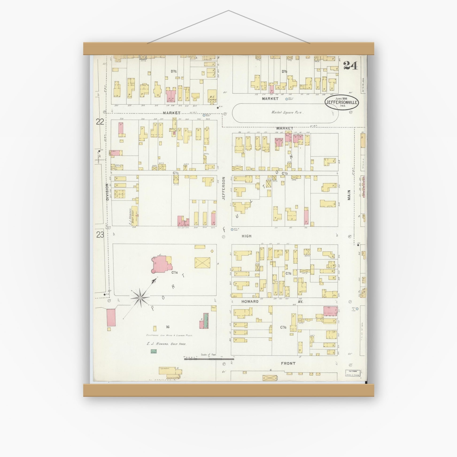 Old map wall art mockup — magnetic wood frame on white wall — Sanborn Fire Insurance Map from Jeffersonville, Clark County, Indiana (1898), Sheet #0024