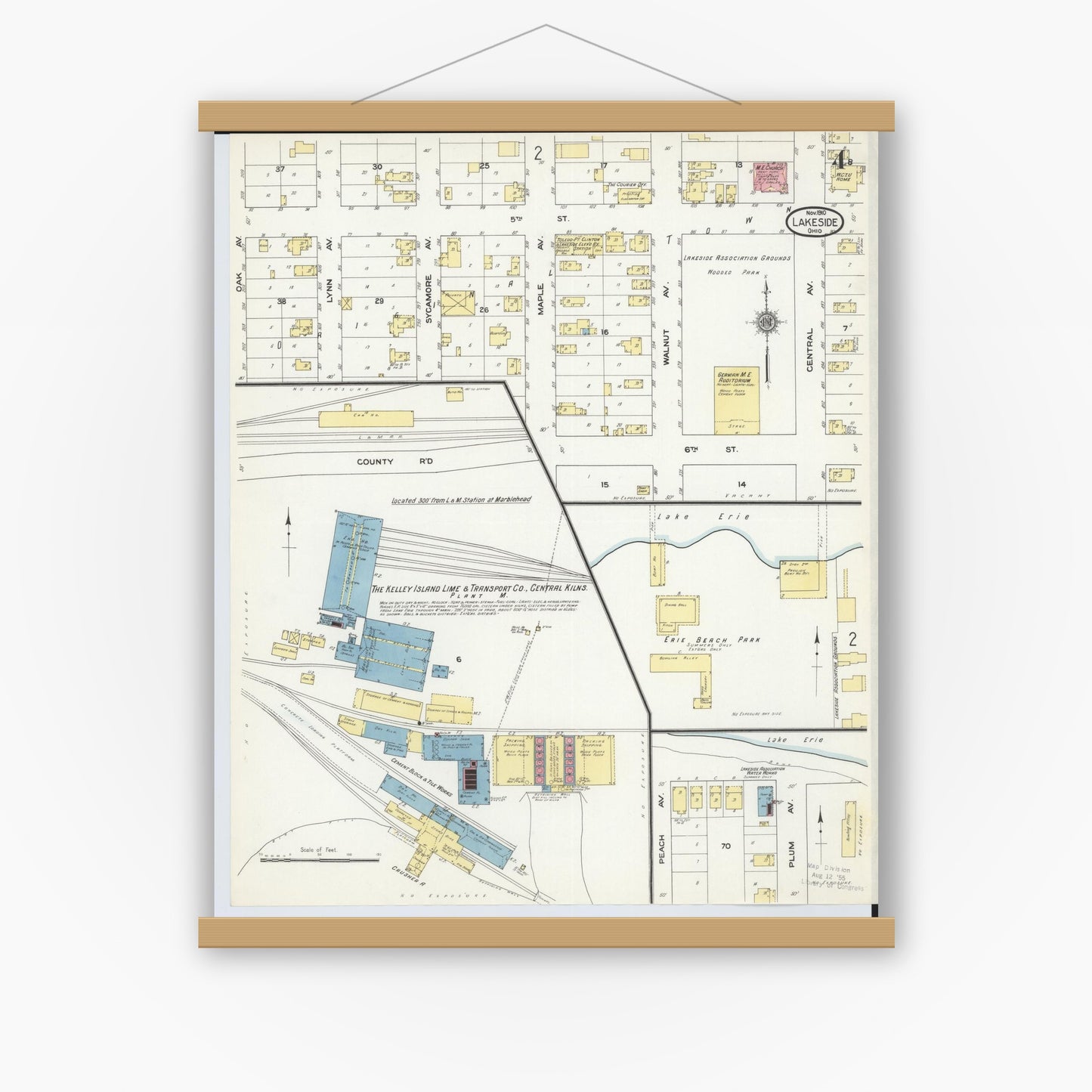 Old map wall art mockup — magnetic wood frame on white wall — Sanborn Fire Insurance Map from Lakeside, Ottawa County, Ohio (1910), Sheet #0004
