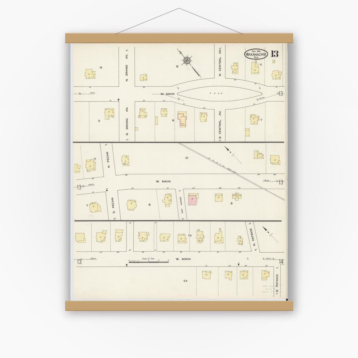Old map wall art mockup — magnetic wood frame on white wall — Sanborn Fire Insurance Map from Waxahachie, Ellis County, Texas (1914), Sheet #0013
