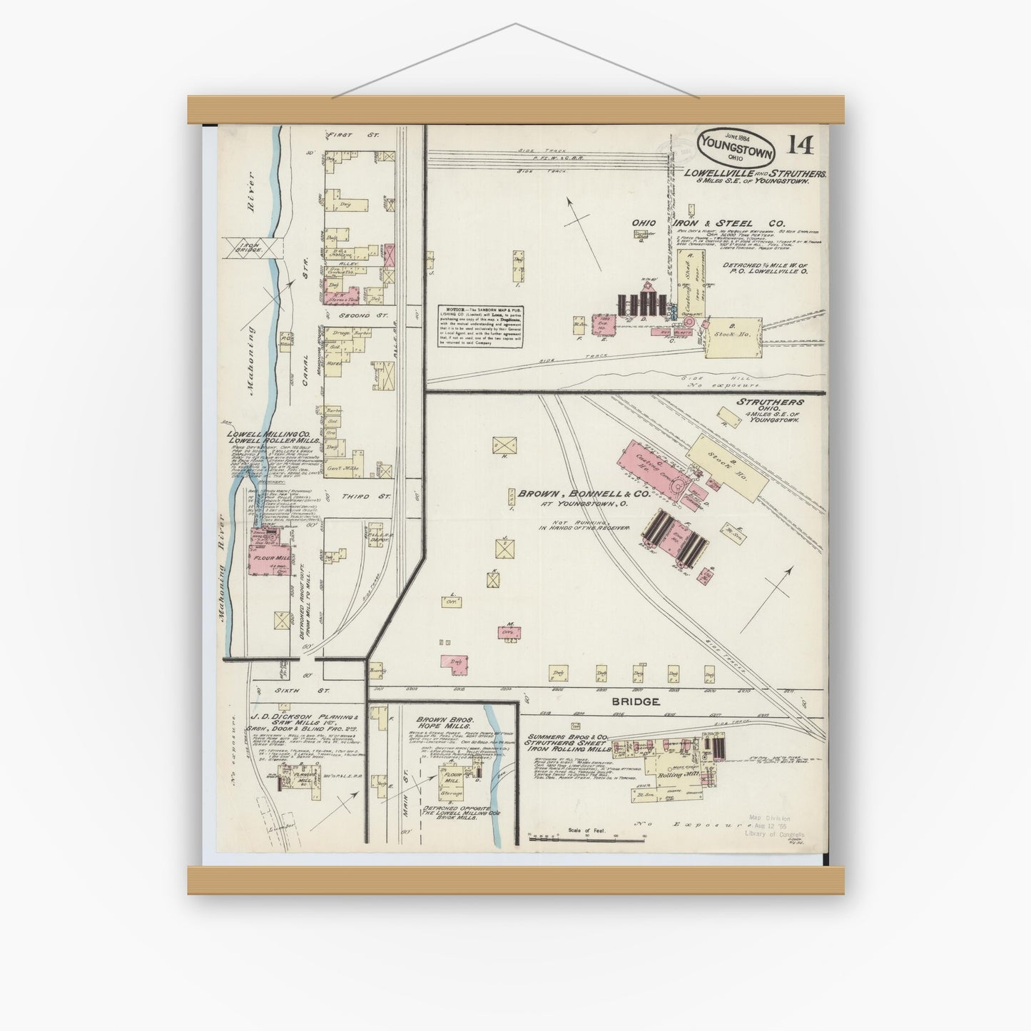 Old map wall art mockup — magnetic wood frame on white wall — Sanborn Fire Insurance Map from Youngstown, Mahoning County, Ohio (1884), Sheet #0014
