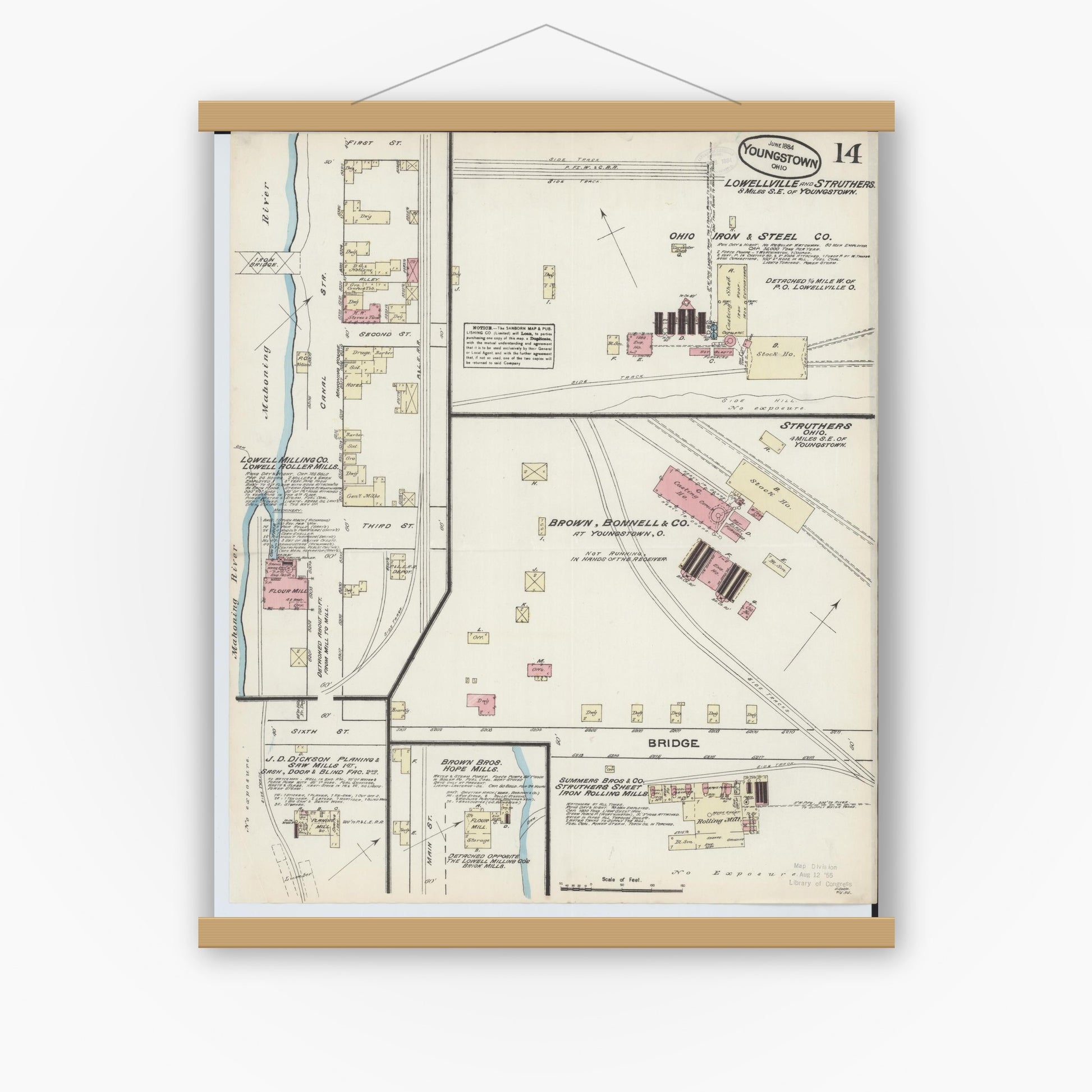Old map wall art mockup — magnetic wood frame on white wall — Sanborn Fire Insurance Map from Youngstown, Mahoning County, Ohio (1884), Sheet #0014