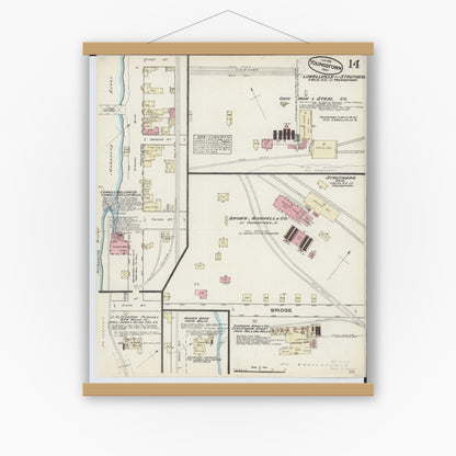 Old map wall art mockup — magnetic wood frame on white wall — Sanborn Fire Insurance Map from Youngstown, Mahoning County, Ohio (1884), Sheet #0014