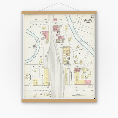 Old map wall art mockup — magnetic wood frame on white wall — Sanborn Fire Insurance Map from Houston, Harris County, Texas (1890), Sheet #0021