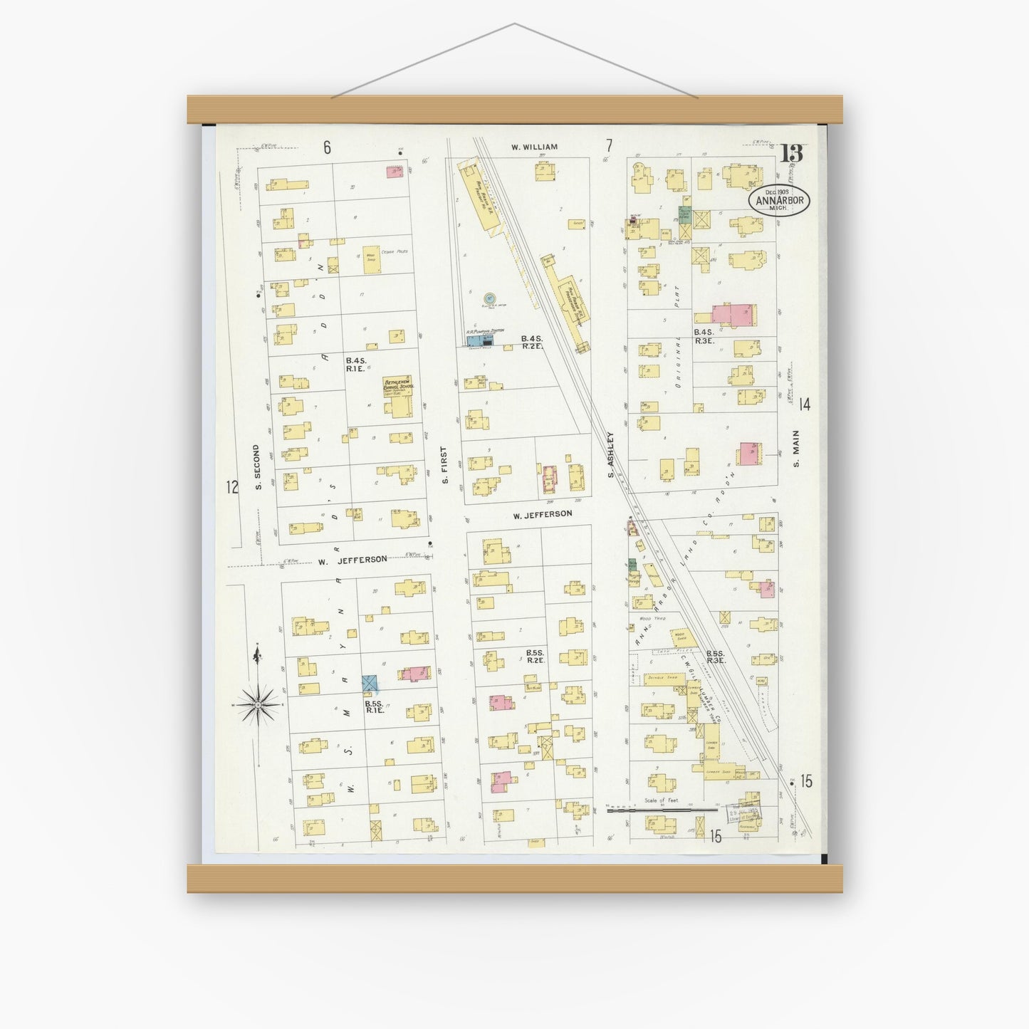 Old map wall art mockup — magnetic wood frame on white wall — Sanborn Fire Insurance Map from Ann Arbor, Washtenaw County, Michigan (1908), Sheet #0013