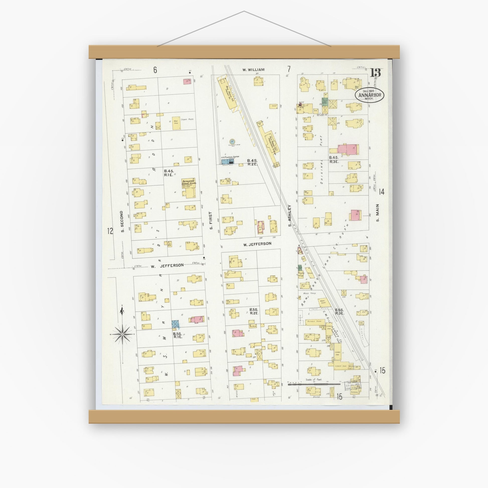 Old map wall art mockup — magnetic wood frame on white wall — Sanborn Fire Insurance Map from Ann Arbor, Washtenaw County, Michigan (1908), Sheet #0013