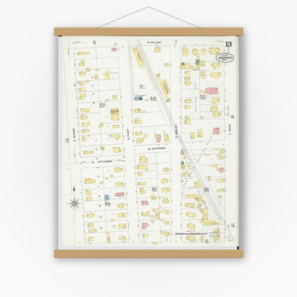 Old map wall art mockup — magnetic wood frame on white wall — Sanborn Fire Insurance Map from Ann Arbor, Washtenaw County, Michigan (1908), Sheet #0013