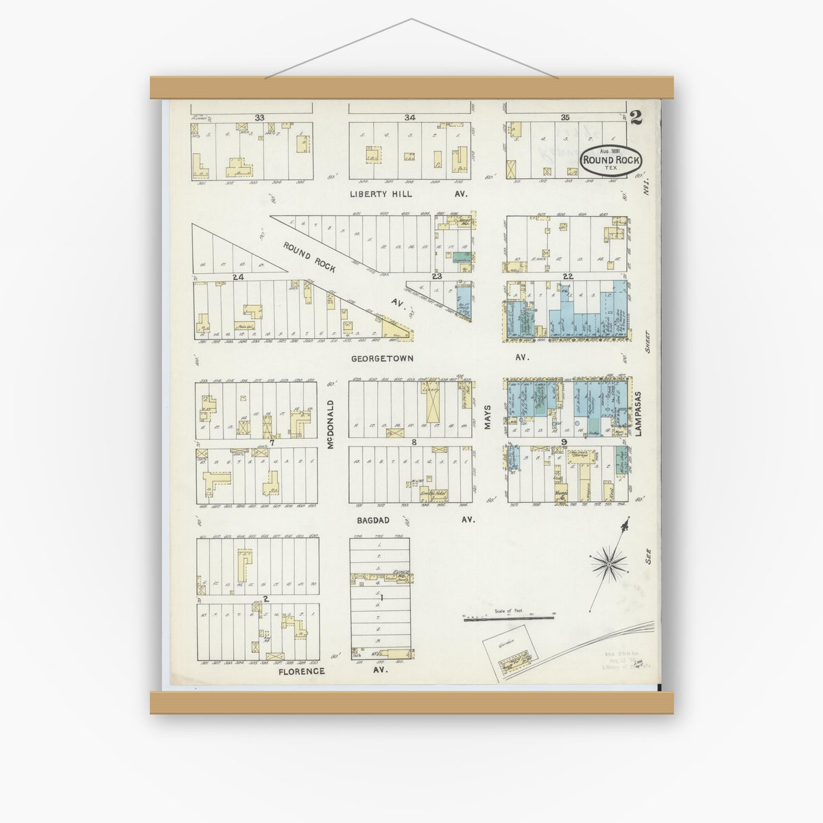 Old map wall art mockup — magnetic wood frame on white wall — Sanborn Fire Insurance Map from Round Rock, Williamson County, Texas (1891), Sheet #0002