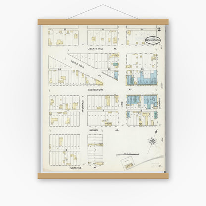 Old map wall art mockup — magnetic wood frame on white wall — Sanborn Fire Insurance Map from Round Rock, Williamson County, Texas (1891), Sheet #0002
