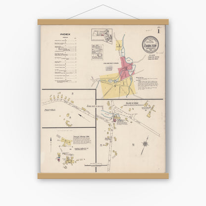 Old map wall art mockup — magnetic wood frame on white wall — Sanborn Fire Insurance Map from Charlton, Worcester County, Massachusetts (1922) - Complete Map Set