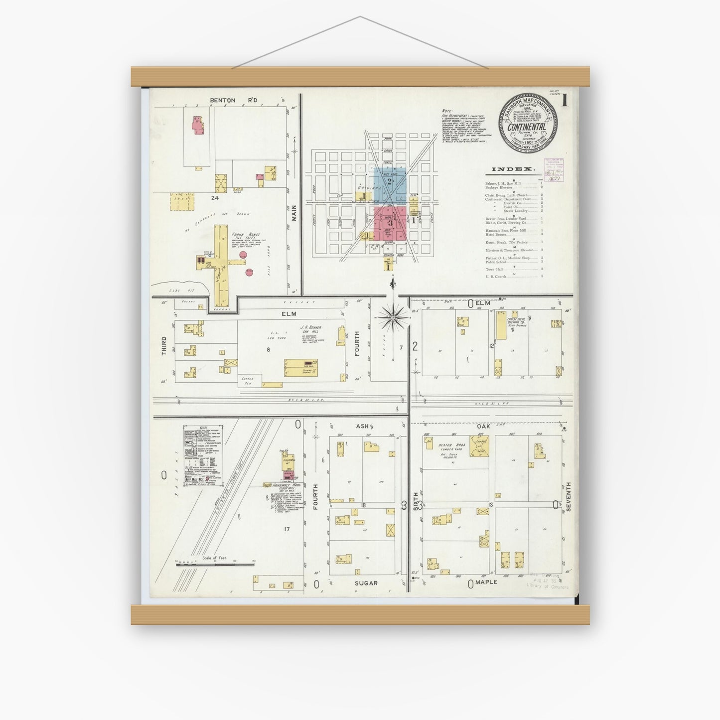 Old map wall art mockup — magnetic wood frame on white wall — Sanborn Fire Insurance Map from Continental, Putnam County, Ohio (1901) - Complete Map Set