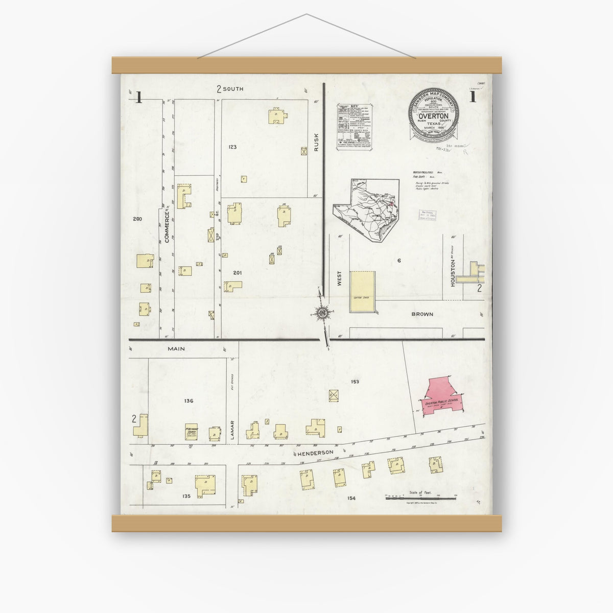 Old map wall art mockup — magnetic wood frame on white wall — Sanborn Fire Insurance Map from Overton, Rusk County, Texas (1926), Sheet #0001