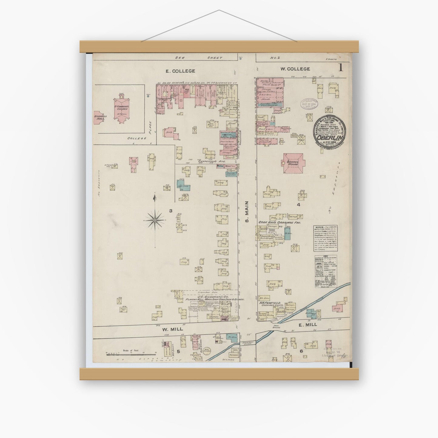 Old map wall art mockup — magnetic wood frame on white wall — Sanborn Fire Insurance Map from Oberlin, Lorain County, Ohio (1884) - Complete Map Set