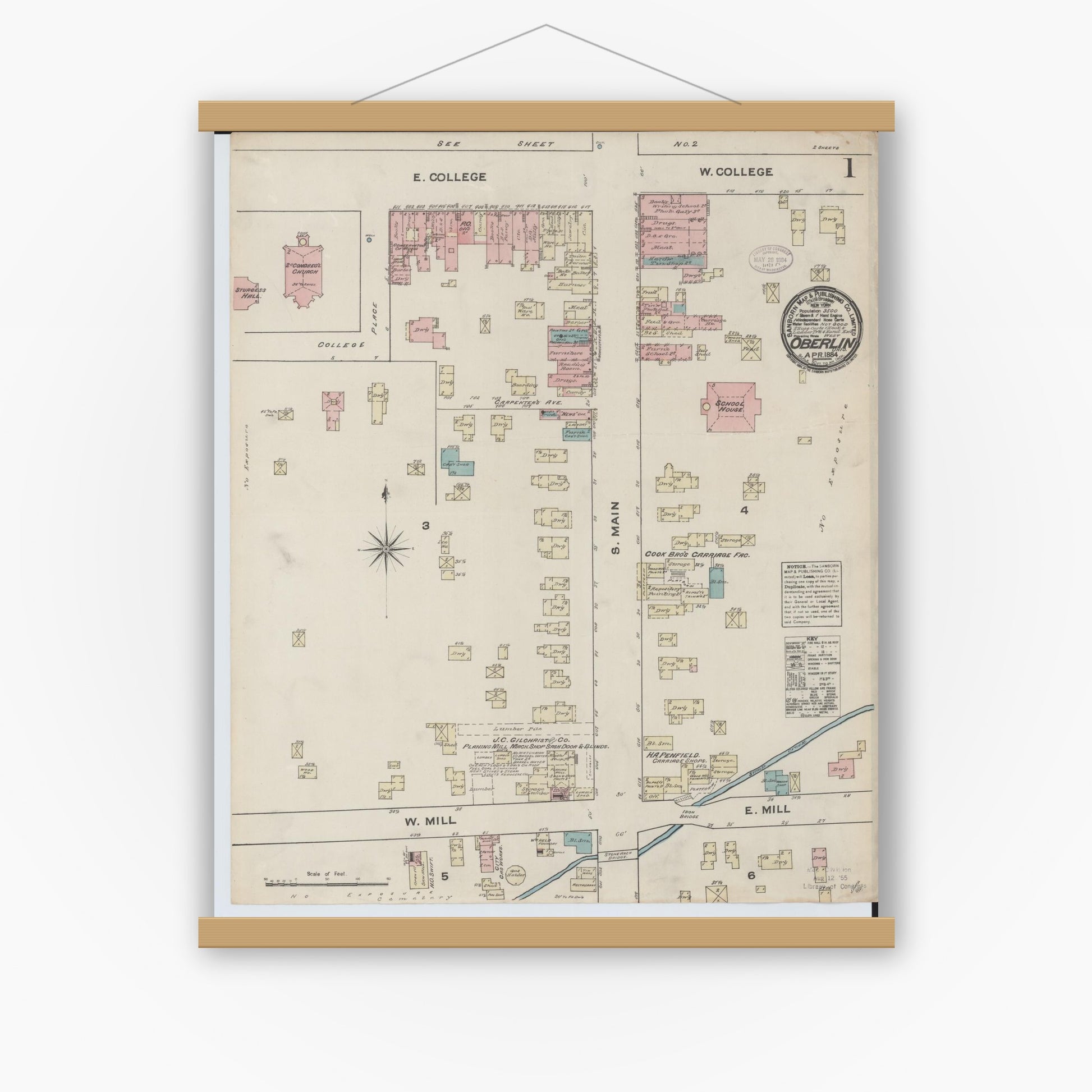 Old map wall art mockup — magnetic wood frame on white wall — Sanborn Fire Insurance Map from Oberlin, Lorain County, Ohio (1884) - Complete Map Set