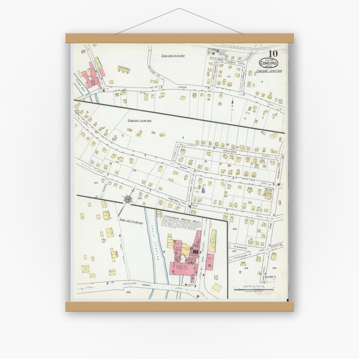 Old map wall art mockup — magnetic wood frame on white wall — Sanborn Fire Insurance Map from Concord, Middlesex County, Massachusetts (1918), Sheet #0010
