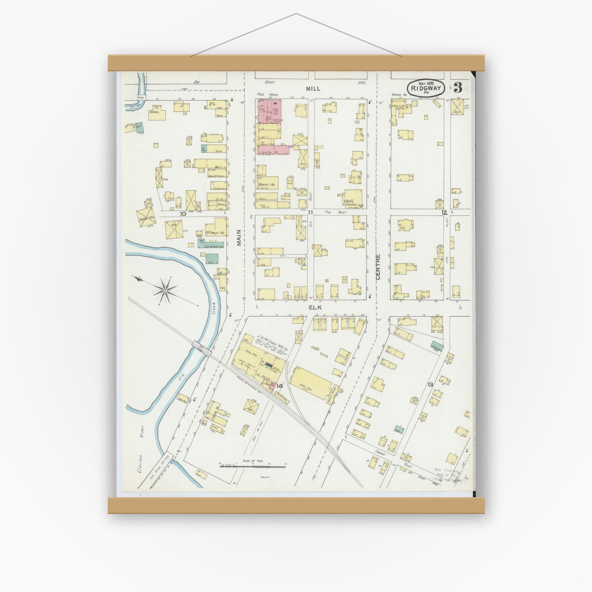 Old map wall art mockup — magnetic wood frame on white wall — Sanborn Fire Insurance Map from Ridgway, Elk County, Pennsylvania (1892), Sheet #0003